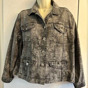 Chico’s grey black denim jean jacket Sz-2/Large     L1